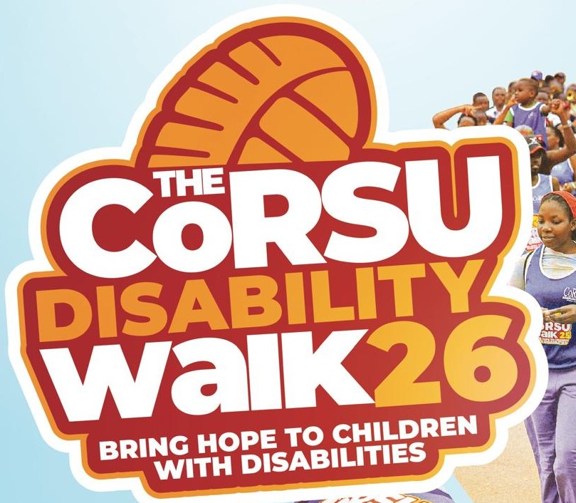 Logo for The CORSU Disability Walk 26, promoting hope for children with disabilities, with a basketball graphic and bold red/yellow typography.